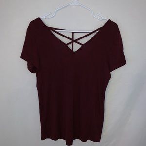 maroon tee with cross cross front size M